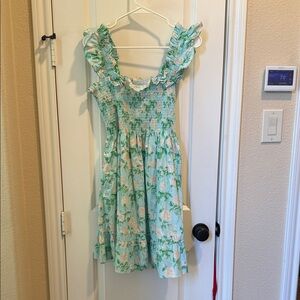 Hill House Floral Ruffle Dress - Green and White